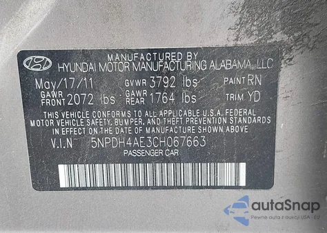 2012 Hyundai Elantra Gls from USA, damaged, VIN 5NPDH4AE3CH067663